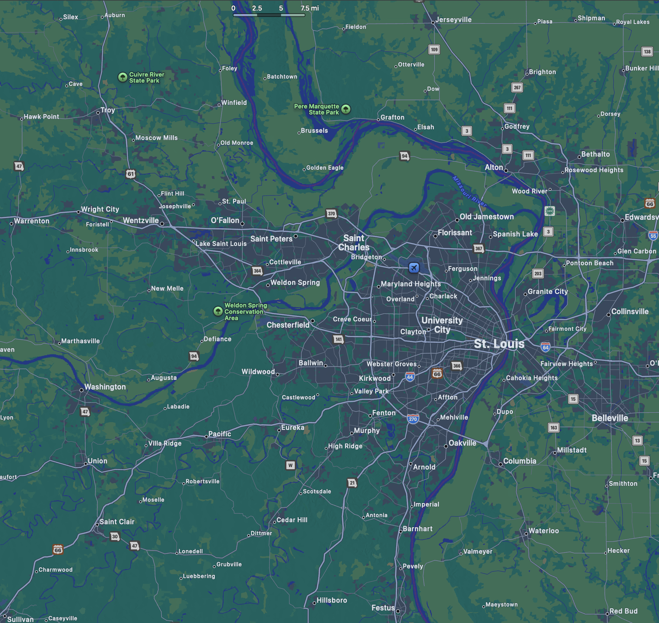 JAG Contracting service area map showing coverage within 50 miles of St. Louis